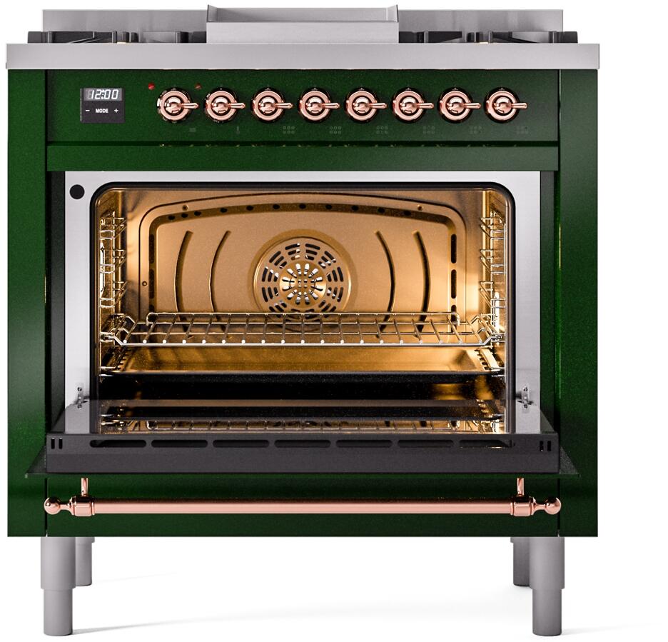 Nostalgie II 36 Inch Dual Fuel Liquid Propane Freestanding Range in Emerald Green with Copper Trim