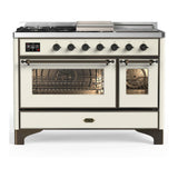 ILVE UM48FSNR3AWBLP Majestic III 48 inch Dual Fuel Range with 5 Black Brass Burners, Griddle and French Top, Dual Function Burner up to 25,000 BTU (Liquid Propane, Triple Glass Door, Antique White, Burnished)