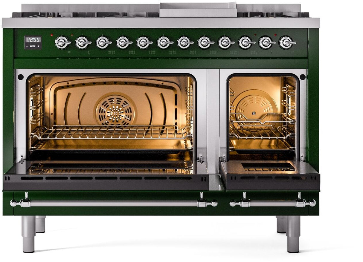 Nostalgie II 48 Inch Dual Fuel Natural Gas Freestanding Range in Emerald Green with Chrome Trim