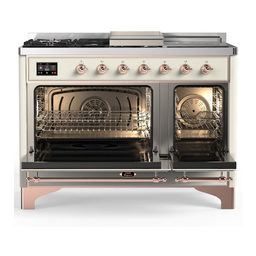 ILVE UM48FSQNR3AWPLP Majestic III 48 inch Dual Fuel Range with 5 Black Brass Burners, Griddle and French Top, Dual Function Burner up to 25,000 BTU (Liquid Propane, Solid Door, Antique White, Copper)