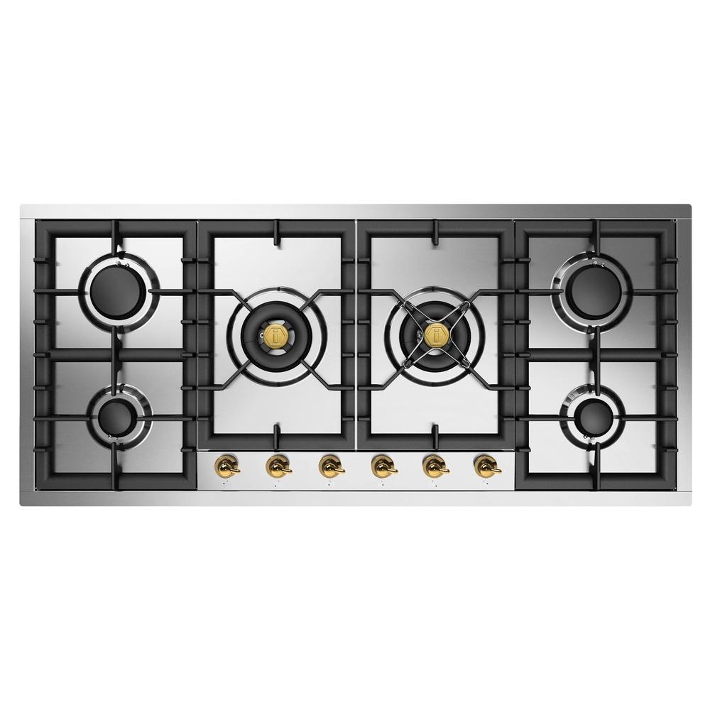 ILVE UHCPT125NSSG Nostalgie II 48 inch Built-In Gas Cooktop with Total Black Brass Burners, in Stainless Steel (6 Sealed Burners, Natural Gas)
