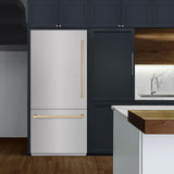 ZLINE Autograph Edition 36 in. 19.8 cu. ft. Built-In Bottom Freezer Refrigerator with Water Dispenser and Ice Maker in DuraSnow' Stainless Steel and Champagne Bronze Accents (RBITZ-SN-36-CB)