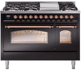 Nostalgie II 48 Inch Dual Fuel Natural Gas Freestanding Range in Glossy Black with Copper Trim