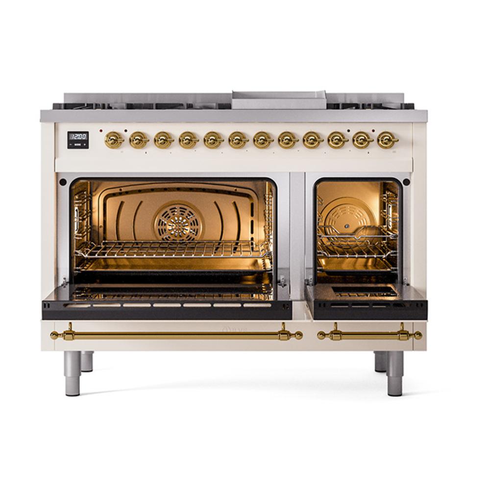 ILVE UN48FNMPAWG Nostalgie II Noblesse 48 inch Dual Fuel Range (8 Sealed Burners + Griddle, Natural Gas, Triple Glass Door, Antique White, Brass)