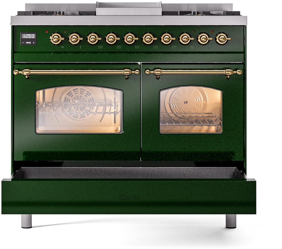 Nostalgie II 40 Inch Dual Fuel Liquid Propane Freestanding Range in Emerald Green with Brass Trim