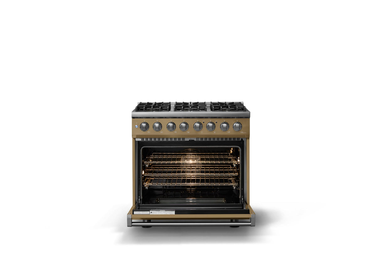 36"W. Dual Fuel Range (Burner: 6b, Finish: Golden Hour, Trim: Polished Chrome, Fuel: Natural Gas)