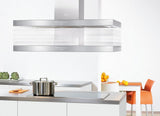 DA 424 V-6 Puristic Varia AM Island d(eback)cor hood with energy-efficient LED lighting and backlit controls for easy use.