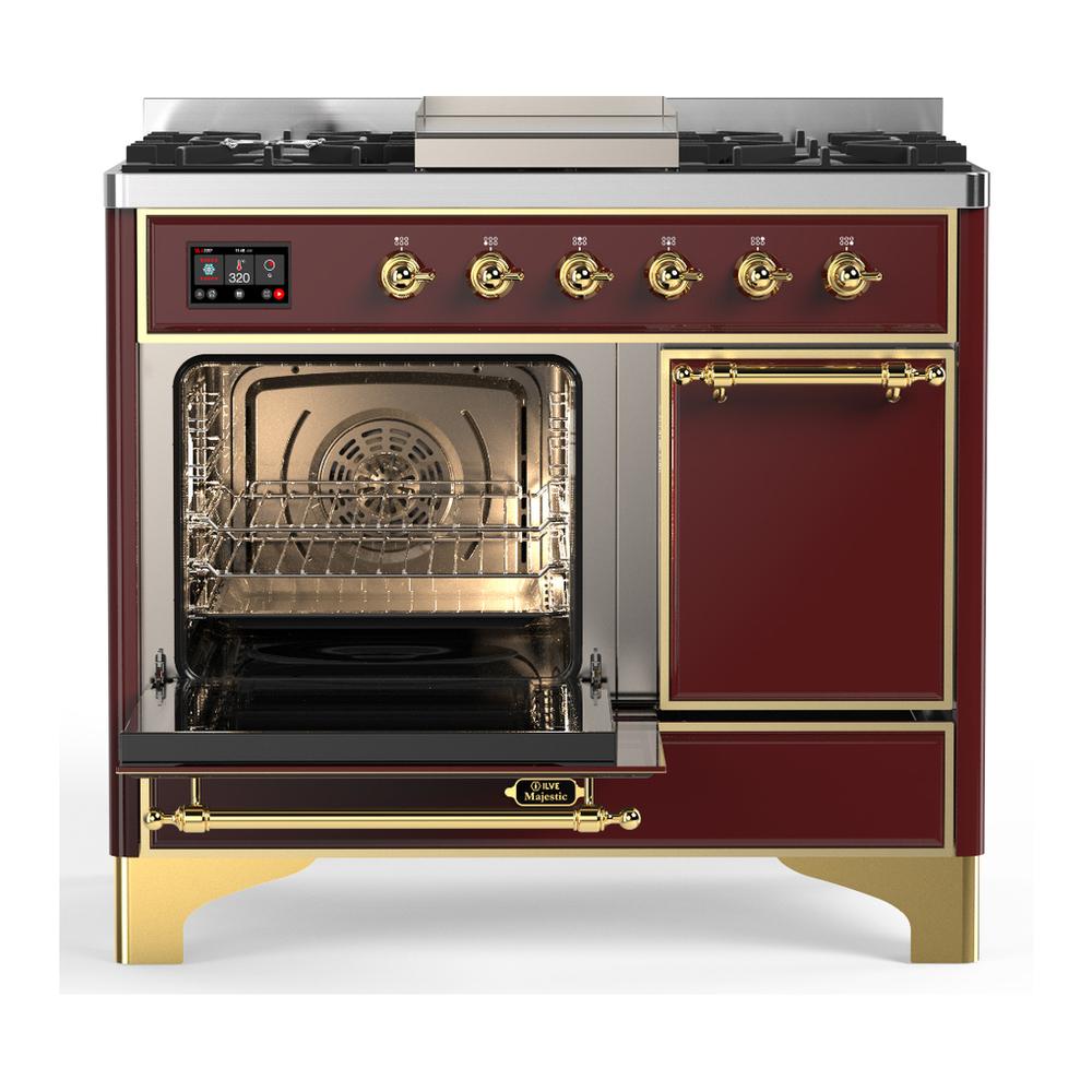 ILVE UMD40FQNR3BUG Majestic III 40 inch Dual Fuel Range with 6 Burners and Griddle, Dual Function Burner up to 25,000 BTU (Natural Gas, Solid Door, Burgundy, Brass)