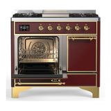 ILVE UMD40FQNR3BUG Majestic III 40 inch Dual Fuel Range with 6 Burners and Griddle, Dual Function Burner up to 25,000 BTU (Natural Gas, Solid Door, Burgundy, Brass)