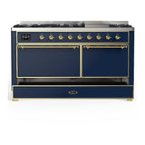 ILVE UM60FQNR3MBGLP Majestic III 60 inch Dual Fuel Range with 9 Burners and Griddle, Dual Function Burner up to 25,000 BTU (Liquid Propane, Solid Door, Midnight Blue, Brass)