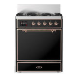 ILVE UM30QNR3BKPLP Majestic III 30 inch Dual Fuel Range with 5 Black Brass Burners, Dual Function Burner up to 25,000 BTU (Liquid Propane, Solid Door, Glossy Black, Copper)