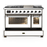 ILVE UM48FNR3WHBLP Majestic III 48 inch Dual Fuel Range with 8 Burners and Griddle, Dual Function Burner up to 25,000 BTU (Liquid Propane, Triple Glass Door, White, Burnished)