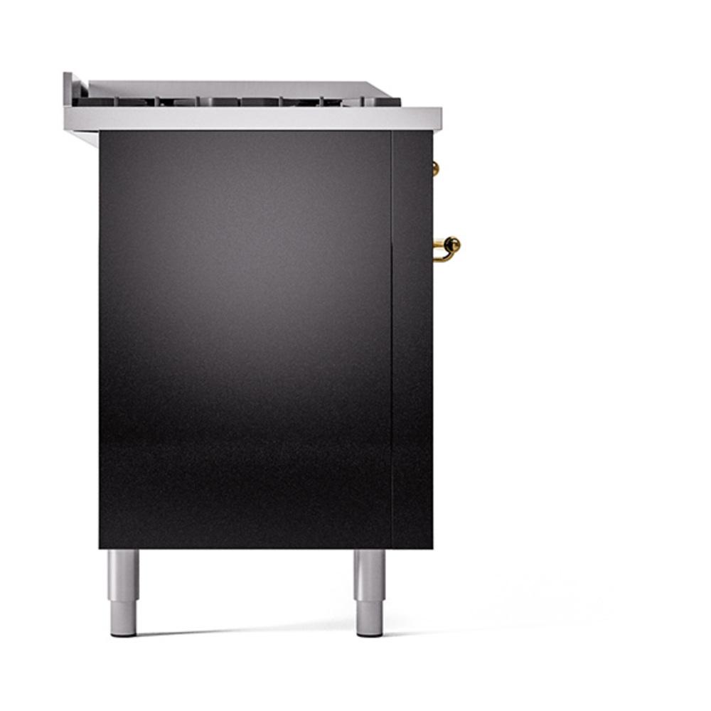 ILVE UN60FSQNMPBKG Nostalgie II Noblesse 60 inch Dual Fuel Range (7 Sealed Burners + Griddle + French Top, Natural Gas, Solid Door, Glossy Black, Brass)