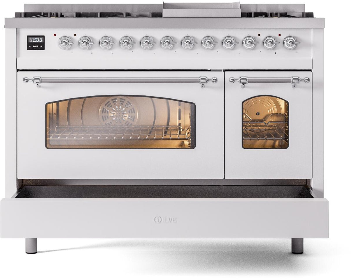 Nostalgie II 48 Inch Dual Fuel Natural Gas Freestanding Range in White with Chrome Trim