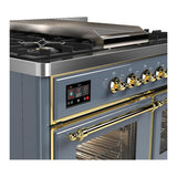 ILVE UMD40FNR3BGGLP Majestic III 40 inch Dual Fuel Range with 6 Burners and Griddle, Dual Function Burner up to 25,000 BTU (Liquid Propane, Triple Glass Door, Blue Grey, Brass)