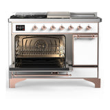 ILVE UM48FSQNR3WHPLP Majestic III 48 inch Dual Fuel Range with 5 Black Brass Burners, Griddle and French Top, Dual Function Burner up to 25,000 BTU (Liquid Propane, Solid Door, White, Copper)