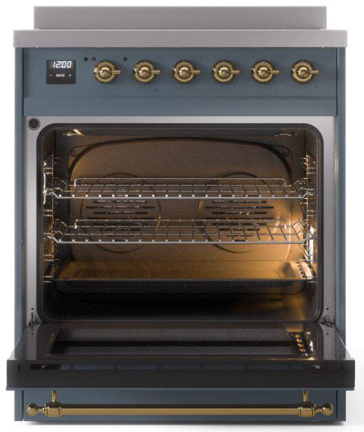 Nostalgie II 30 Inch Electric Freestanding Range in Blue Grey with Brass Trim