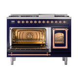 ILVE UN48FNMPMBPLP Nostalgie II Noblesse 48 inch Dual Fuel Range (8 Sealed Burners + Griddle, Liquid Propane, Triple Glass Door, Midnight Blue, Copper)