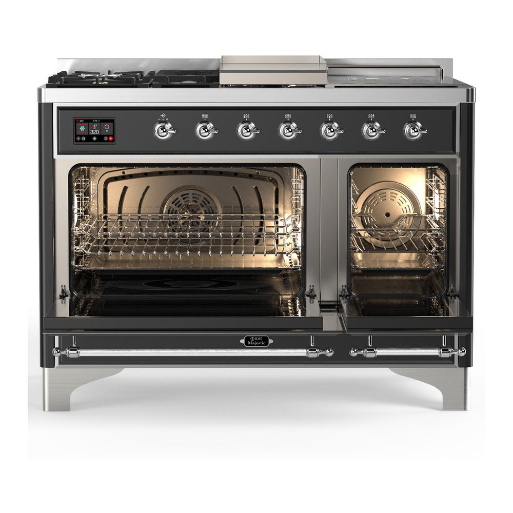 ILVE UM48FSQNR3MGCLP Majestic III 48 inch Dual Fuel Range with 5 Black Brass Burners, Griddle and French Top, Dual Function Burner up to 25,000 BTU (Liquid Propane, Solid Door, Graphite Matte, Chrome)