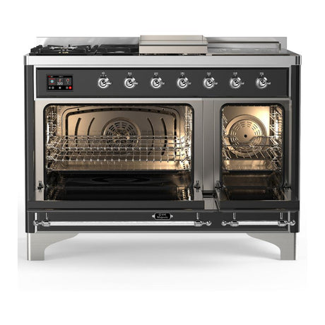 ILVE UM48FSQNR3MGCLP Majestic III 48 inch Dual Fuel Range with 5 Black Brass Burners, Griddle and French Top, Dual Function Burner up to 25,000 BTU (Liquid Propane, Solid Door, Graphite Matte, Chrome)