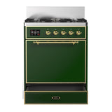 ILVE UM30QNR3EGGLP Majestic III 30 inch Dual Fuel Range with 5 Black Brass Burners, Dual Function Burner up to 25,000 BTU (Liquid Propane, Solid Door, Emerald Green, Brass)