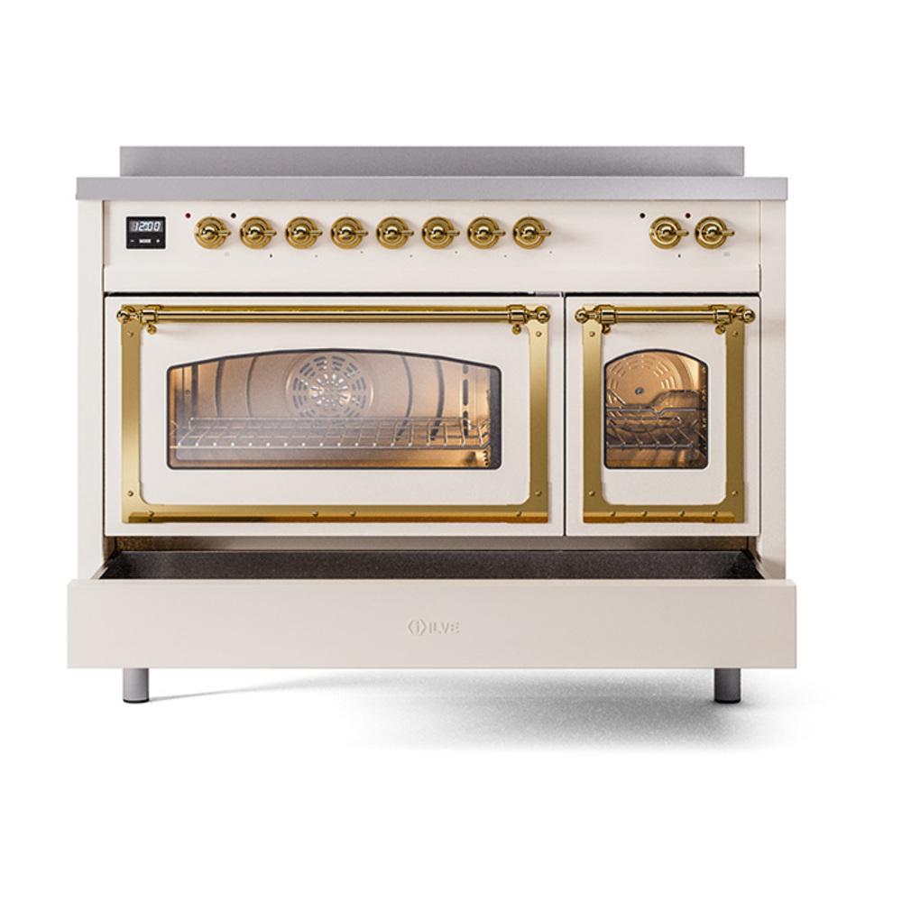ILVE UNI486NMPAWG Nostalgie II Noblesse 48 inch Induction Range (Triple Glass Door, Antique White, Brass)