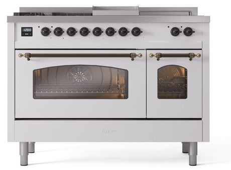 Nostalgie II 48 Inch Dual Fuel Natural Gas Freestanding Range in White with Bronze Trim