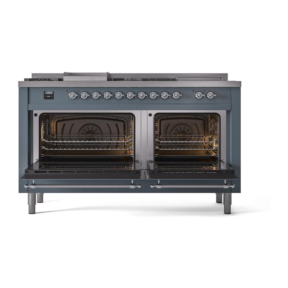 ILVE UN60FSQNMPBGCLP Nostalgie II Noblesse 60 inch Dual Fuel Range (7 Sealed Burners + Griddle + French Top, Liquid Propane, Solid Door, Blue Grey, Chrome)