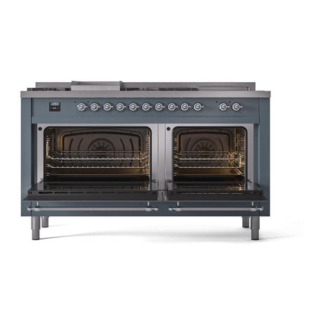 ILVE UN60FSQNMPBGCLP Nostalgie II Noblesse 60 inch Dual Fuel Range (7 Sealed Burners + Griddle + French Top, Liquid Propane, Solid Door, Blue Grey, Chrome)