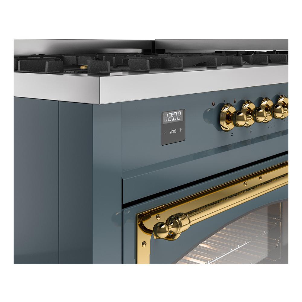 ILVE UN60FNMPBGG Nostalgie II Noblesse 60 inch Dual Fuel Range (9 Sealed Burners + Griddle, Natural Gas, Triple Glass Door, Blue Grey, Brass)