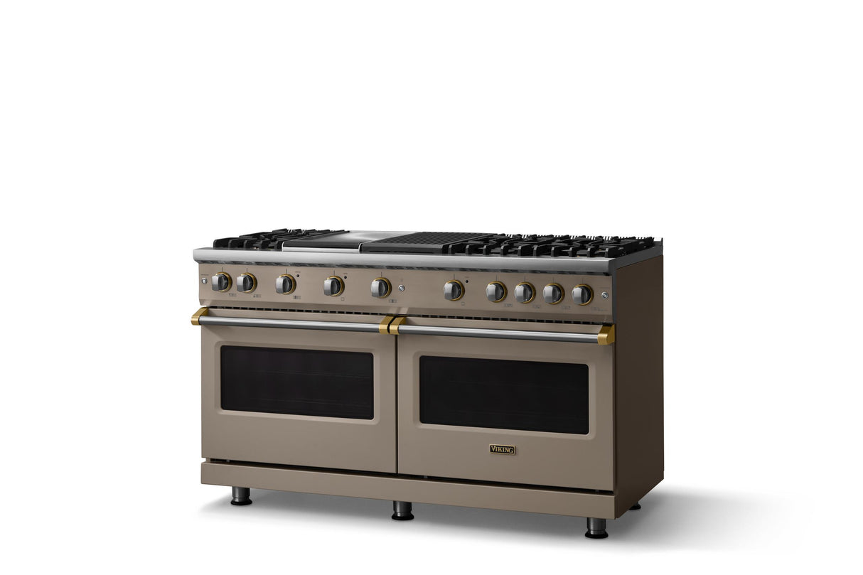 60"W. Sealed Burner Gas Range (Finish: Nantucket, Trim: Brushed Brass, Fuel: Natural Gas)