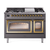 ILVE UN48FNMPMGGLP Nostalgie II Noblesse 48 inch Dual Fuel Range (8 Sealed Burners + Griddle, Liquid Propane, Triple Glass Door, Graphite Matte, Brass)