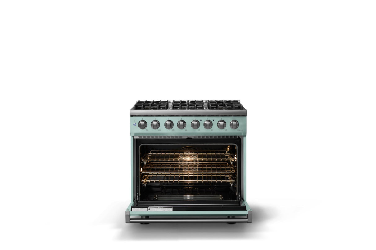 36"W. Dual Fuel Range (Burner: 6b, Finish: Splash, Trim: Polished Chrome, Fuel: Natural Gas)