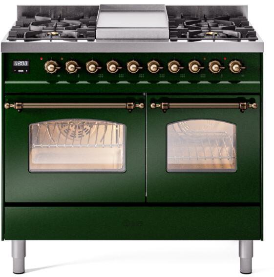 Nostalgie II 40 Inch Dual Fuel Natural Gas Freestanding Range in Emerald Green with Bronze Trim