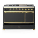 ILVE UM48FQNR3MGG Majestic III 48 inch Dual Fuel Range with 8 Burners and Griddle, Dual Function Burner up to 25,000 BTU (Natural Gas, Solid Door, Graphite Matte, Brass)