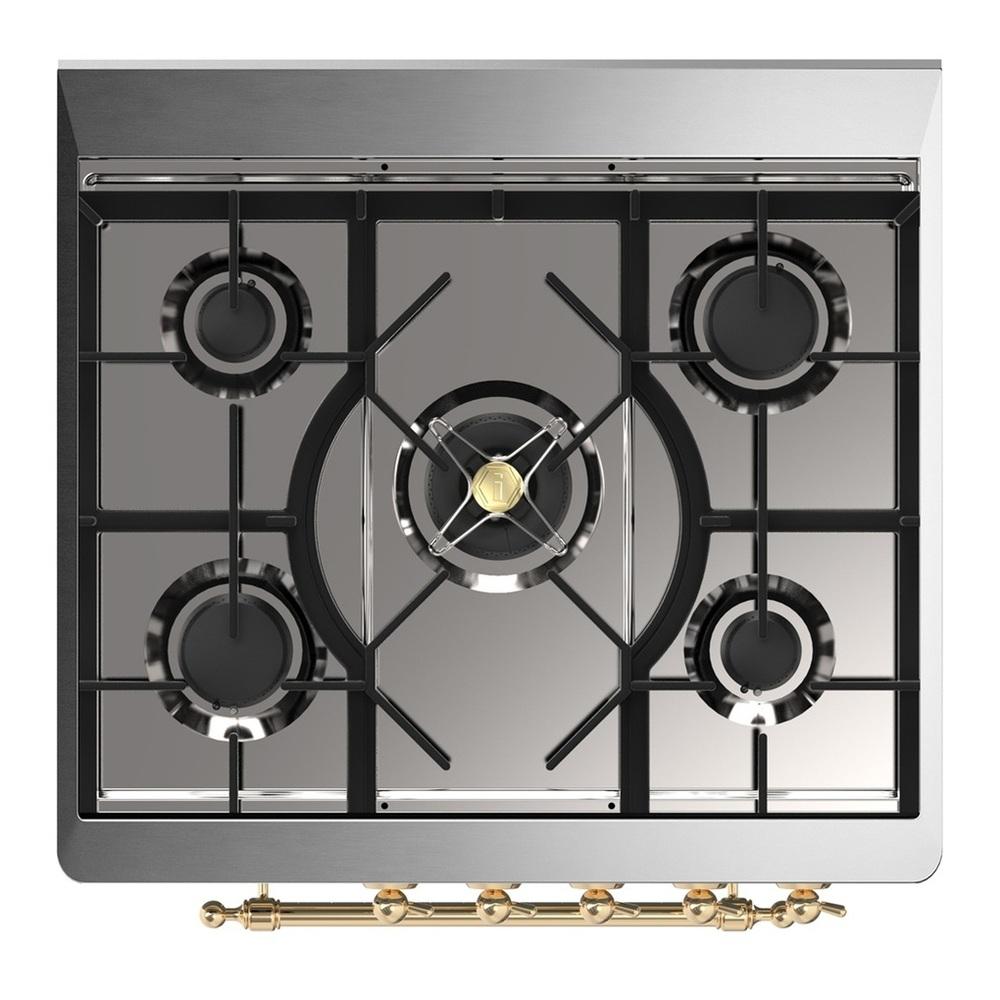 ILVE UM30NR3WHG Majestic III 30 inch Dual Fuel Range with 5 Black Brass Burners, Dual Function Burner up to 25,000 BTU (Natural Gas, Triple Glass Door, White, Brass)