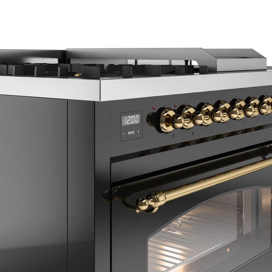 Nostalgie II 48 Inch Dual Fuel Natural Gas Freestanding Range in Glossy Black with Brass Trim