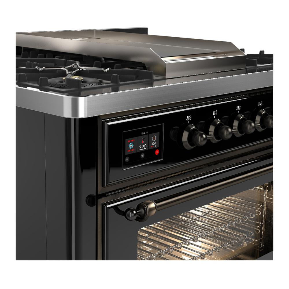 ILVE UM36FNR3BKB Majestic III 36 inch Dual Fuel Range with 6 Black Brass Burners and Griddle, Dual Function Burner up to 25,000 BTU (Triple Glass Door, Glossy Black, Burnished, Natural Gas)