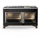 ILVE UM60FNR3BKB Majestic III 60 inch Dual Fuel Range with 9 Burners and Griddle, Dual Function Burner up to 25,000 BTU (Natural Gas, Triple Glass Door, Glossy Black, Burnished)