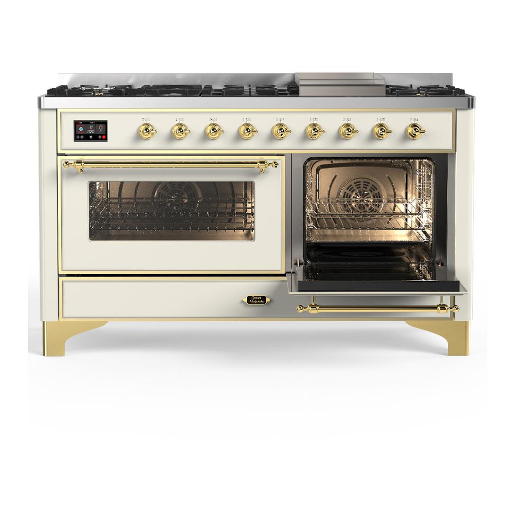 ILVE UM60FNR3AWGLP Majestic III 60 inch Dual Fuel Range with 9 Burners and Griddle, Dual Function Burner up to 25,000 BTU (Liquid Propane, Triple Glass Door, Antique White, Brass)