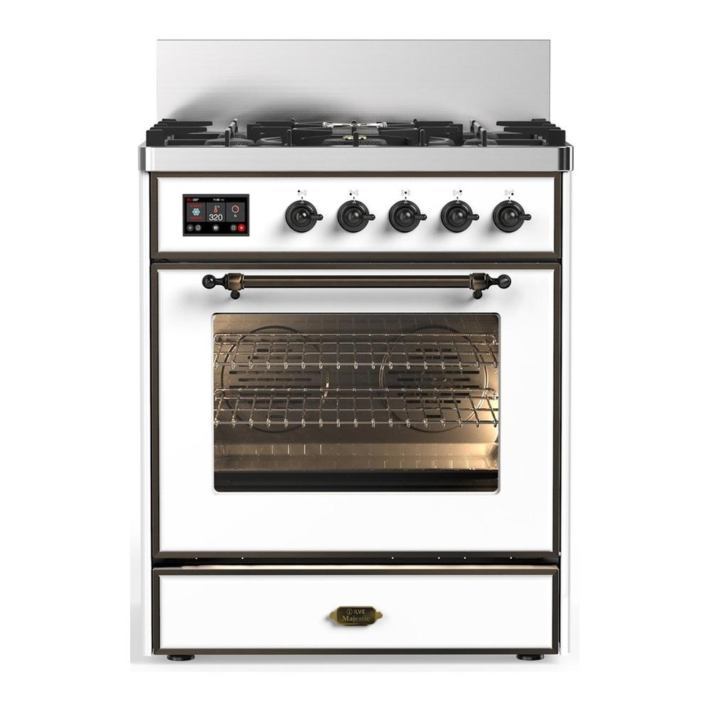 ILVE UM30NR3WHBLP Majestic III 30 inch Dual Fuel Range with 5 Black Brass Burners, Dual Function Burner up to 25,000 BTU (Liquid Propane, Triple Glass Door, White, Burnished)