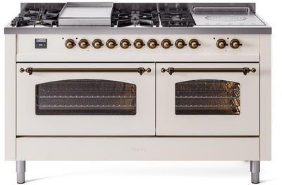 Nostalgie II 60 Inch Dual Fuel Liquid Propane Freestanding Range in Antique White with Bronze Trim