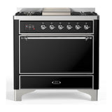 ILVE UM36FQNR3BKCLP Majestic III 36 inch Dual Fuel Range with 6 Black Brass Burners and Griddle, Dual Function Burner up to 25,000 BTU (Solid Door, Glossy Black, Chrome, Liquid Propane)