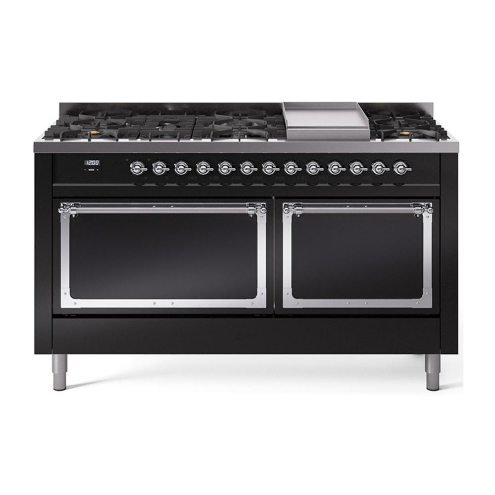 ILVE UN60FQNMPBKC Nostalgie II Noblesse 60 inch Dual Fuel Range (9 Sealed Burners + Griddle, Natural Gas, Solid Door, Glossy Black, Chrome)
