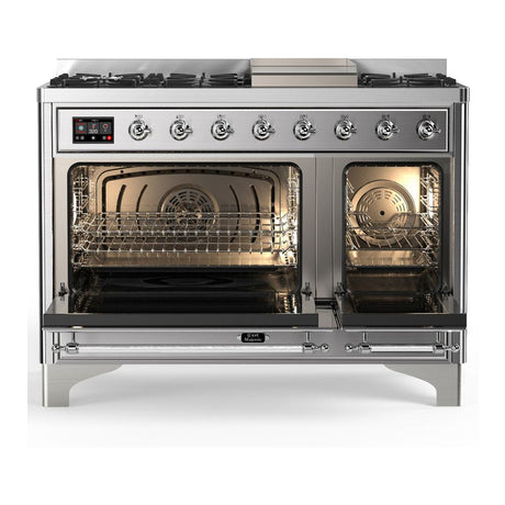 ILVE UM48FQNR3SSCLP Majestic III 48 inch Dual Fuel Range with 8 Burners and Griddle, Dual Function Burner up to 25,000 BTU (Liquid Propane, Solid Door, Stainless Steel, Chrome)
