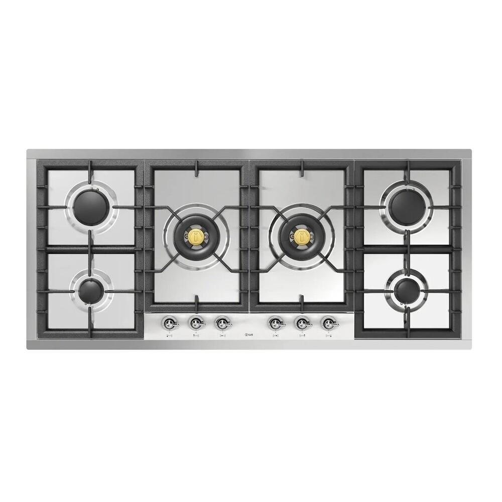 ILVE UHCPT125NSSC Nostalgie II 48 inch Built-In Gas Cooktop with Total Black Brass Burners, in Stainless Steel (6 Sealed Burners, Natural Gas, Chrome)
