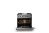 36"W. Dual Fuel Range (Burner: 4g, Finish: Stainless Steel, Trim: Polished Chrome, Fuel: Natural Gas)