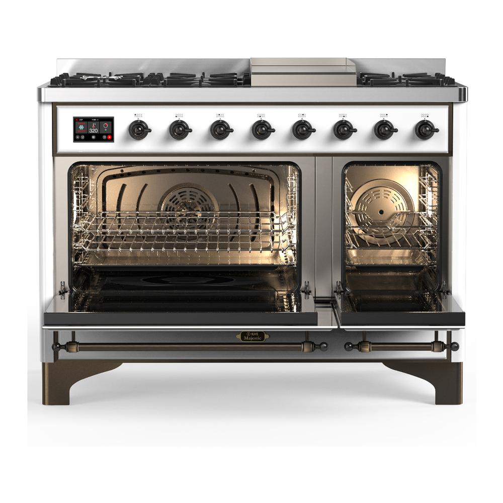 ILVE UM48FQNR3WHB Majestic III 48 inch Dual Fuel Range with 8 Burners and Griddle, Dual Function Burner up to 25,000 BTU (Natural Gas, Solid Door, White, Burnished)
