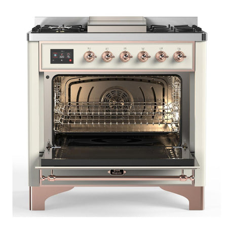 ILVE UM36FQNR3AWPLP Majestic III 36 inch Dual Fuel Range with 6 Black Brass Burners and Griddle, Dual Function Burner up to 25,000 BTU (Solid Door, Antique White, Copper, Liquid Propane)
