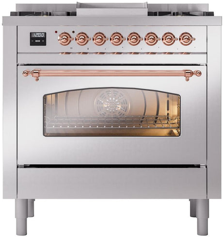 Nostalgie II 36 Inch Dual Fuel Liquid Propane Freestanding Range in Stainless Steel with Copper Trim